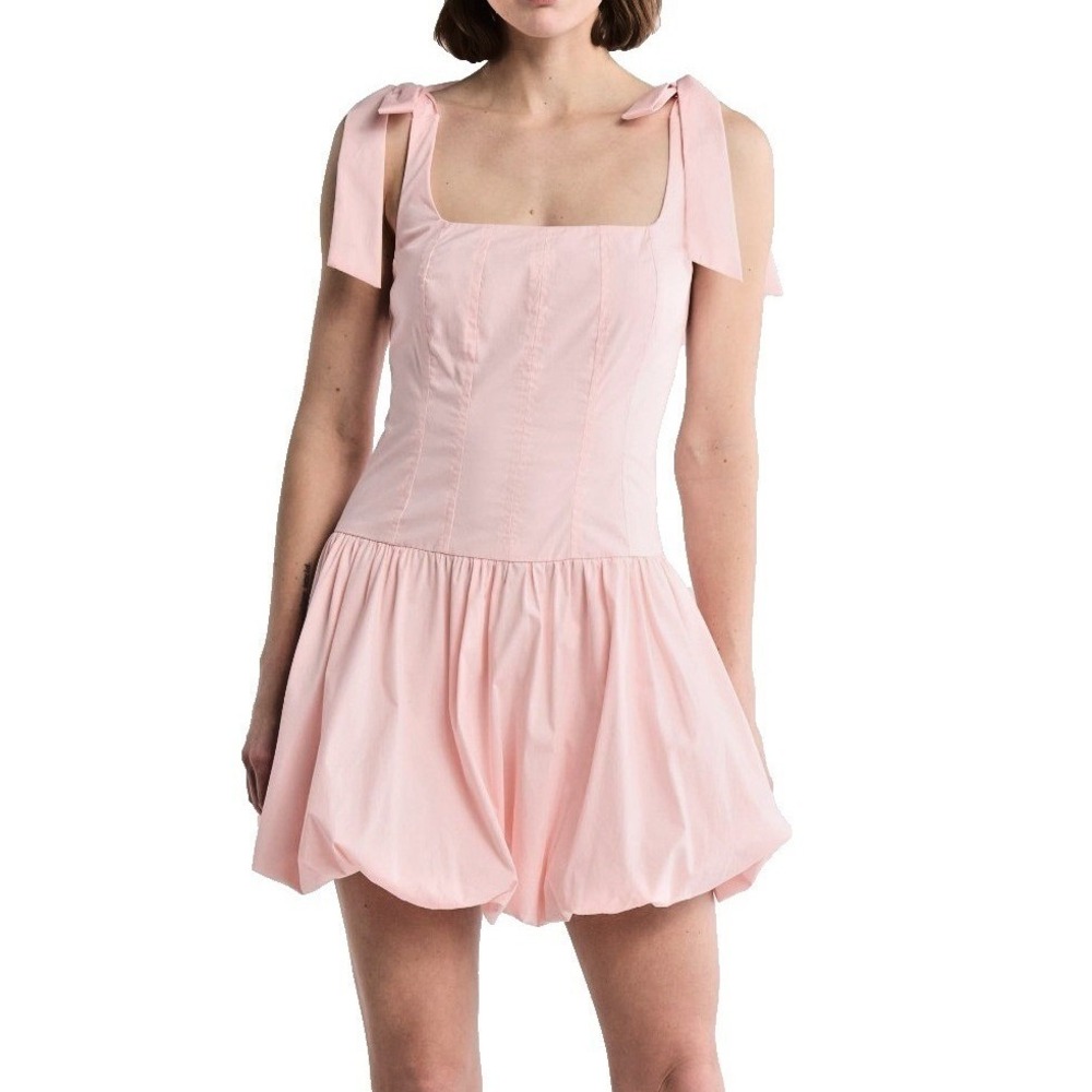 Lush Bubble Hem Mini Dress Women L Pink Tie Shoulder Smocked‎ Back NEW